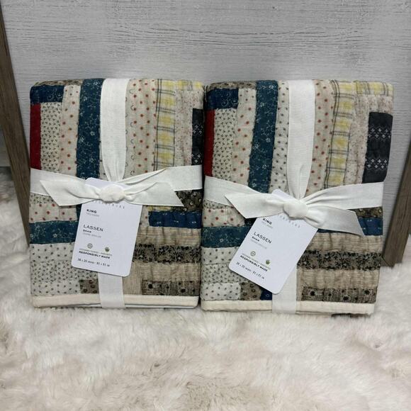Pottery Barn Lassen Handcrafted Quilted King Pillow Shams Lot Of 2 36x20” NEW - Picture 1 of 7